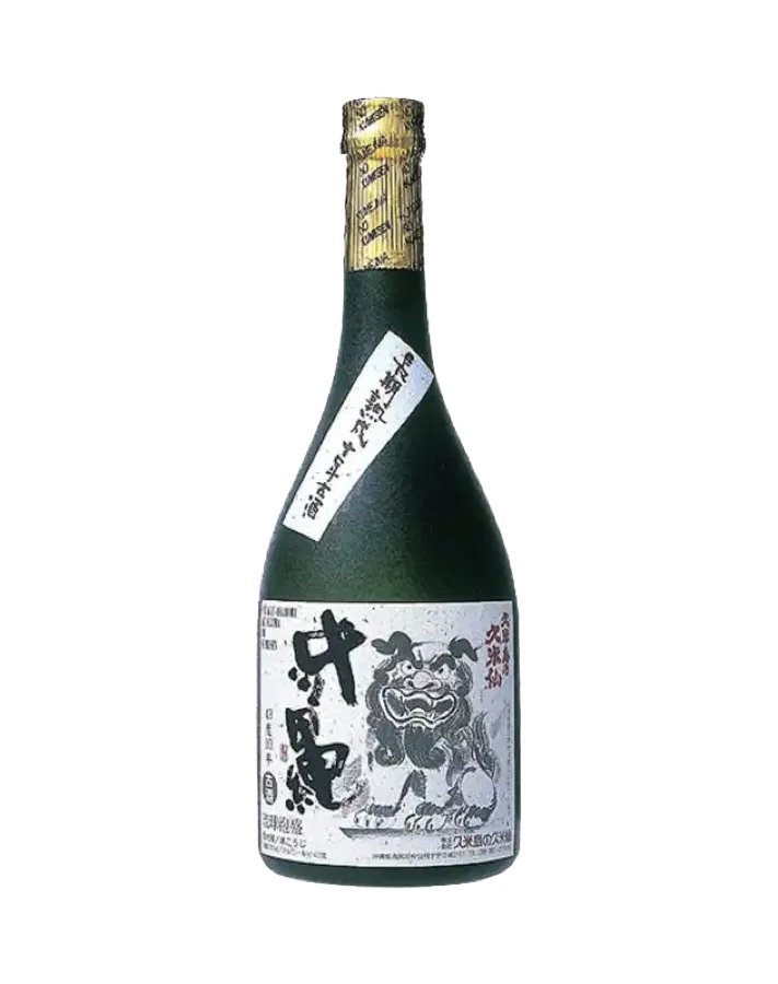Bottle of Kumejima's Kumesen awamori, label featuring a Shisa creature